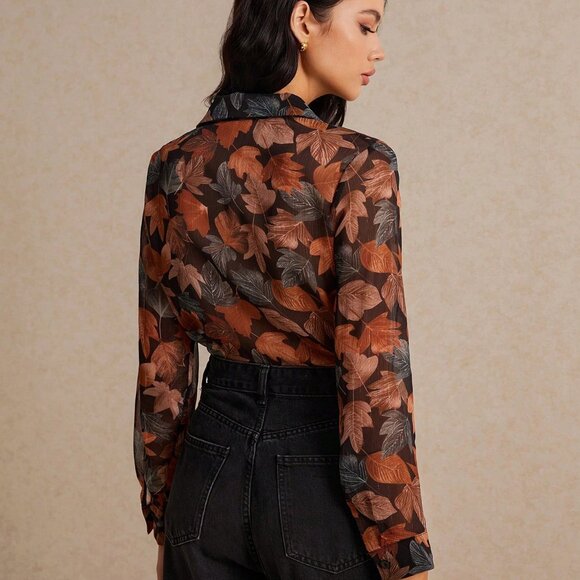 Multicolor Casual Women's Leaf Print Button Front Long Sleeve Shirt - Picture 4 of 6